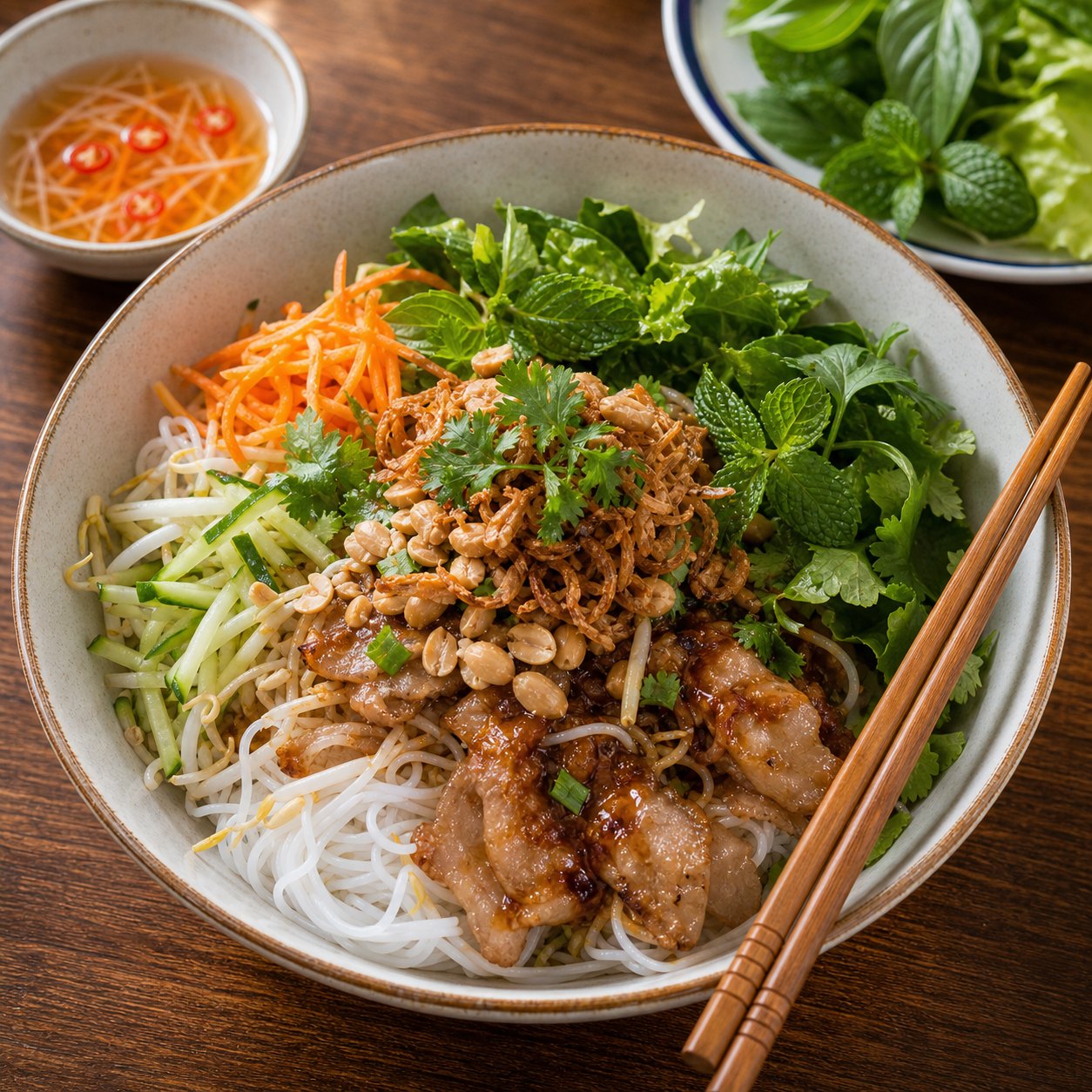 A tossed noodle bowl with herbs and chopsticks