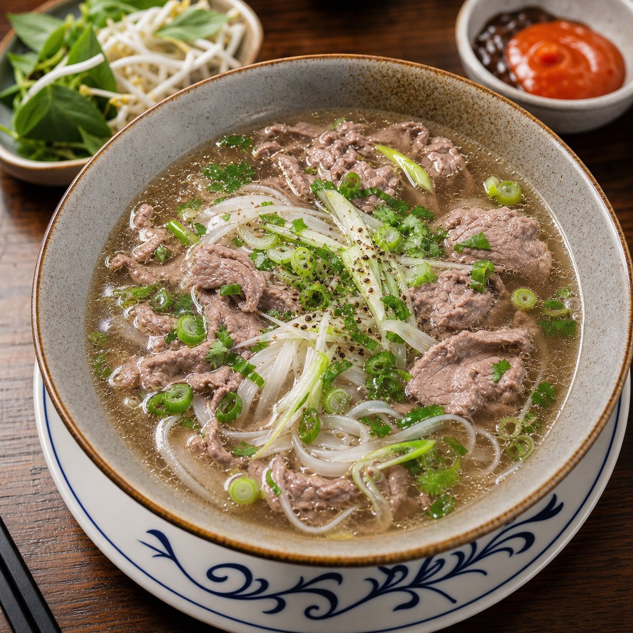 Close-up of beef phở broth with scallions