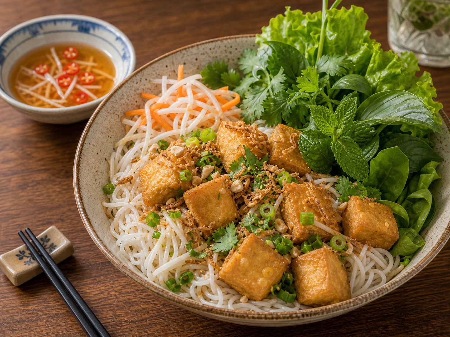Crispy fried tofu with noodles