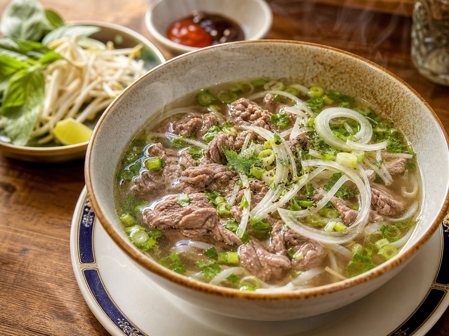 A steaming bowl of beef phở with fresh herbs at Hanoi Quan