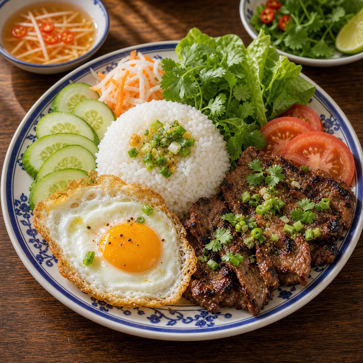 A rice plate with grilled beef, fried egg and fresh vegetables