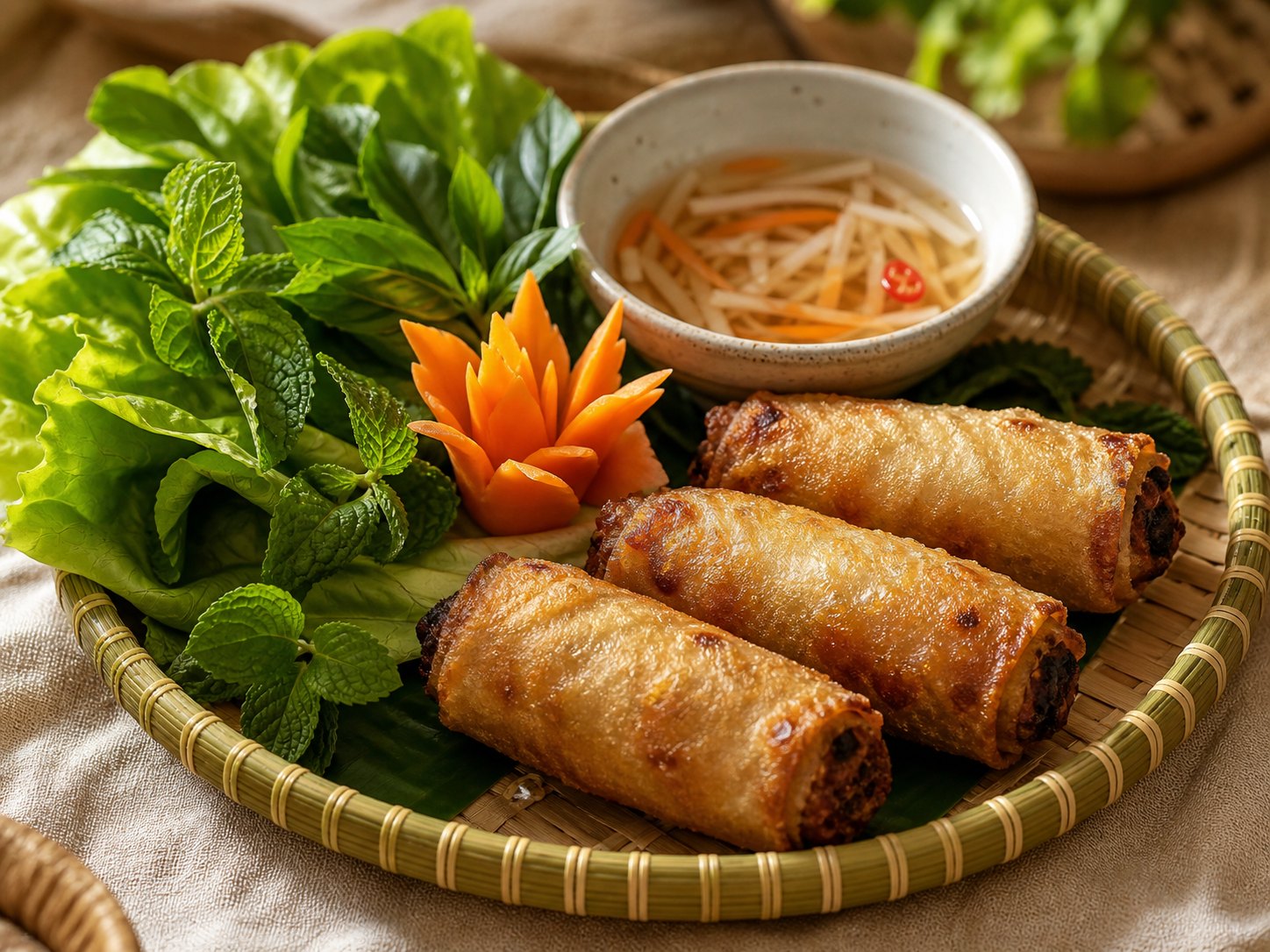 Crispy spring rolls with a platter of fresh herbs and dipping sauce